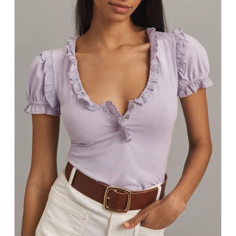 Maeve Anthropologie Puff-Sleeve Ruffle Henley Tee Blouse Top Ruffle XXS 280100